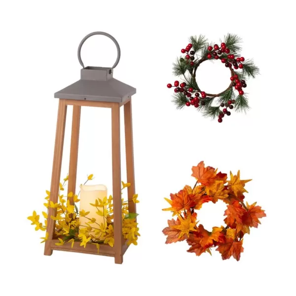 Glitzhome 19.29 in. H Wooden/Metal Led Pillar Lantern with 3 Changeable Candle Rings Spring/Fall/Christmas