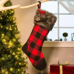 Glitzhome 21 in. H Black/Red Polyester Fur Buffalo Plaid Christmas Stocking