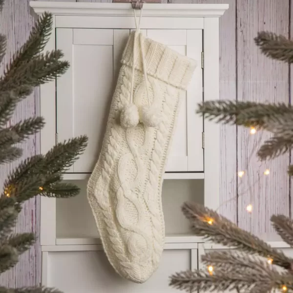 Glitzhome 24 in.H Knitted Polyester Christmas Stocking with Pom Ball-White