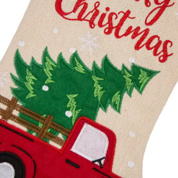 Glitzhome 21 in. L Embroidered Linen Christmas Stocking - Red Truck