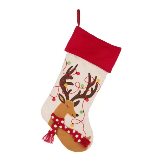 Glitzhome 21 in. L LED Embroidered Linen Christmas Stocking - Reindeer