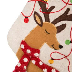 Glitzhome 21 in. L LED Embroidered Linen Christmas Stocking - Reindeer