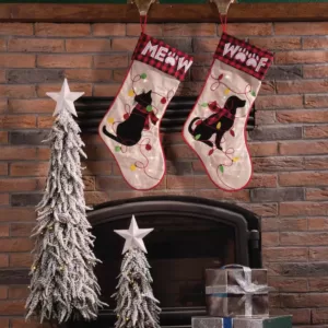 Glitzhome 21 in. L LED Embroidered Linen Christmas Stocking - Cat