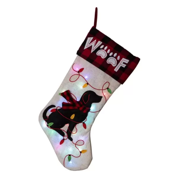 Glitzhome 21 in. L LED Embroidered Linen Christmas Stocking - Dog