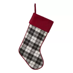 Glitzhome 20 in. L Black and White Plaid Fabric Christmas Stocking