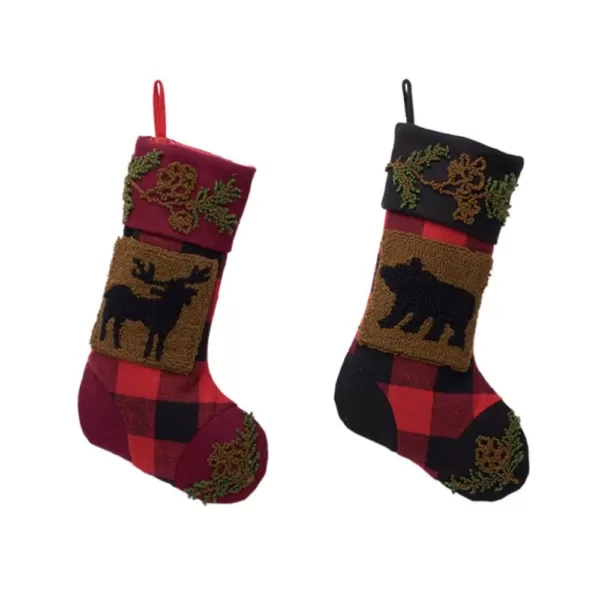 Glitzhome 19 in. Acrylic Plaid Stocking with Rug Hooked Reindeer and Bear (Set of 2)