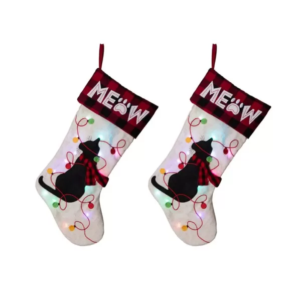 Glitzhome 21 in. Polyester LED Embroidered Linen Cat Christmas Stocking (2-Pack)