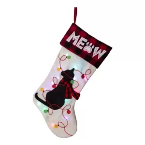 Glitzhome 21 in. Polyester LED Embroidered Linen Cat Christmas Stocking (2-Pack)