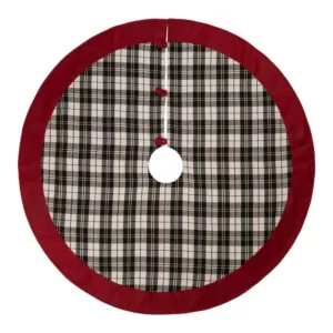 Glitzhome 48 in. D Black and White Plaid Fabric Christmas Tree Skirt with Red Trim