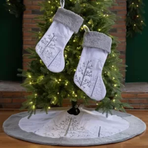 Glitzhome 48 in. Tree Skirt and 21 in. H Stocking (Set of 3 White Fleece Christmas Decorations)