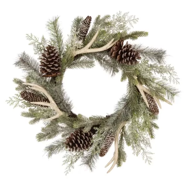 Glitzhome 24 in. D Flocked Pinecone and Antler Wreath