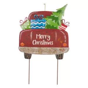 Glitzhome 31.89 in. H Rusty Metal Christmas Truck Yard Stake or Standing Decor or Wall Decor