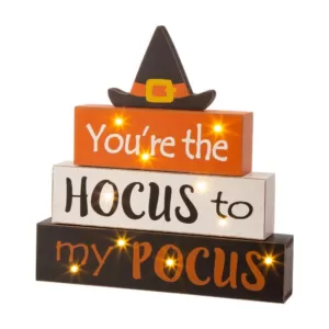 Glitzhome 11.54 in. H Halloween Wooden Lighted Witch/Word Block Table Decor