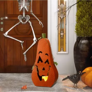 Glitzhome 23.62 in. H Halloween Metal Jack-O-Lantern with LED Pillar