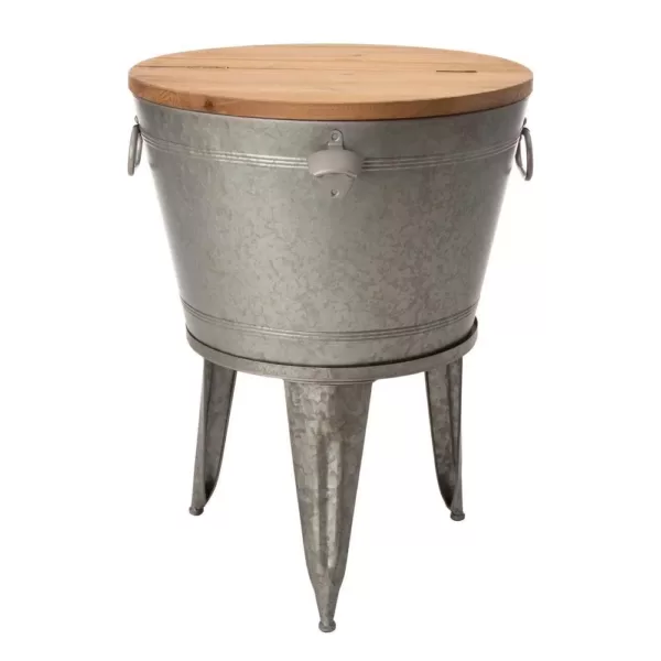 Glitzhome 26.29 in. H Gray Galvanized Beverage Tub with Metal Stand or Accent Table with Firwood Lid