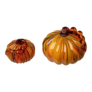 Glitzhome 6.50 in. H S/2 Multi-Striped Glass Short Pumpkin