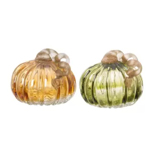 Glitzhome S/2 4.72 in. Green and Amber Crackle Glass Short Pumpkin