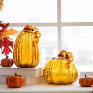 Glitzhome S/2 9.06 in. Amber Crackle Glass Pumpkin