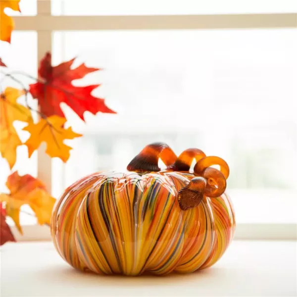 Glitzhome 8.66 in. D x 6.69 in. H Multi-Striped Glass Large Pumpkin