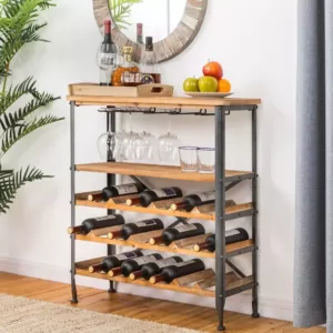 Glitzhome 34.25 in. H Vintage Floor Wine Bottle and Glass Rack