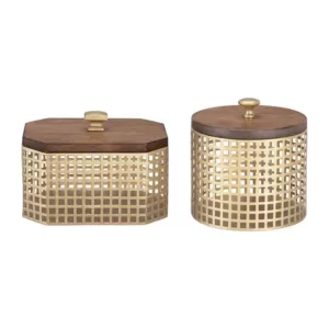 Home Decorators Collection Home Decorators Collection Round and Octagonal Gold Metal Decorative Basket with Wood Lid (Set of 2)