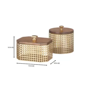 Home Decorators Collection Home Decorators Collection Round and Octagonal Gold Metal Decorative Basket with Wood Lid (Set of 2)