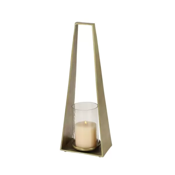 LITTON LANE Large Gold Candle Holder With Hurricane Glass