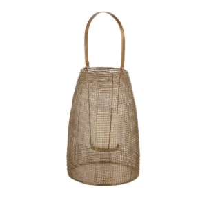 LITTON LANE Large Round Bronze Mesh Metal Lantern Candle Holder with Handle