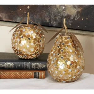 LITTON LANE Gold Iron and Silver Reflective Glass Mosaic Pear and Apple Decor (Set of 2)