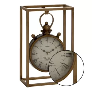 LITTON LANE 13 in. x 9 in. Round Iron Table Clock with Rectangular Iron Frame