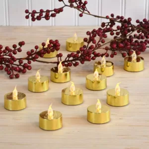 LUMABASE Battery Operated Gold Plated LED Tea Lights (12-Count)