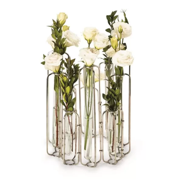 Two's Company 28 in. Wide Lavoisier Gold Stainless Steel/Glass Hinged Flower Vases (Set of 10)