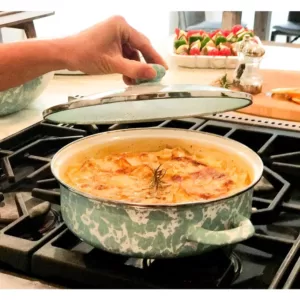 Golden Rabbit Enamelware 8 qt. Porcelain-Coated Steel Saute Pan in Grey Swirl with Glass Lid