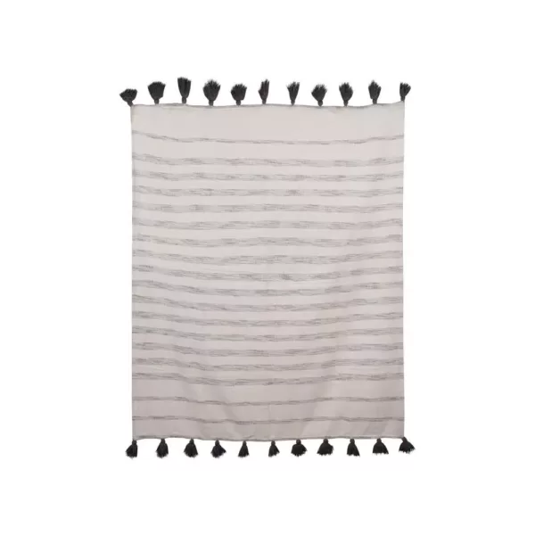 3R Studios Cream with Grey Stripes and Tassels Cotton Woven Throw Blanket