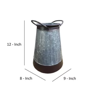 Benjara Gray and Brown Galvanized Metal Corrugated Decorative Flower Vase with Curved Side Handles