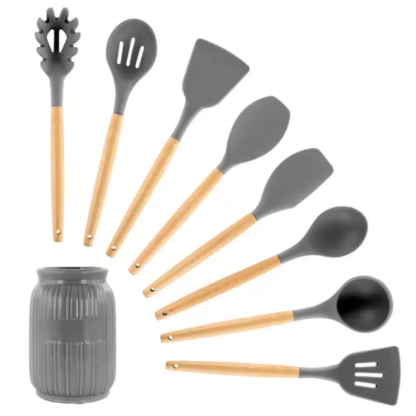 MegaChef Gray Silicone and Wood Cooking Utensils (Set of 9)