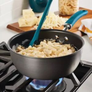 Rachael Ray Create Delicious 10 in. Hard-Anodized Aluminum Nonstick Skillet in Gray With Teal Handles with Glass Lid