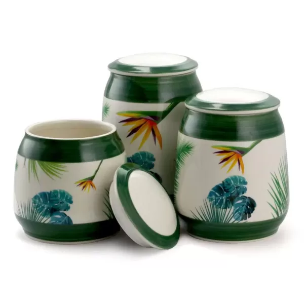 Elama Paradise Palms Green 3-Piece Ceramic Cannister Collection with Ceramic Tops