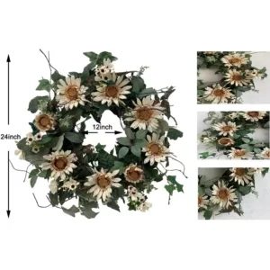 Glitzhome 24 in. Unlit Green Artificial Wreath with White Cream Sunflowers