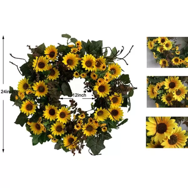 Glitzhome 24 in. Unlit Green Artificial Wreath with Golden Yellow Sunflowers