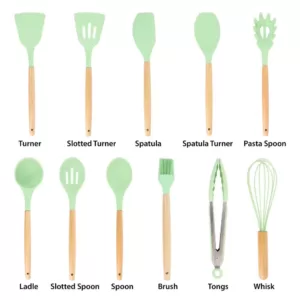 MegaChef Mint Green Silicone and Wood Cooking Utensils (Set of 12)