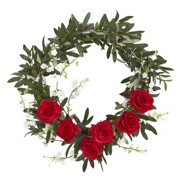 Nearly Natural 21 in. Olive, Rose and Cherry Blossom Artificial Wreath