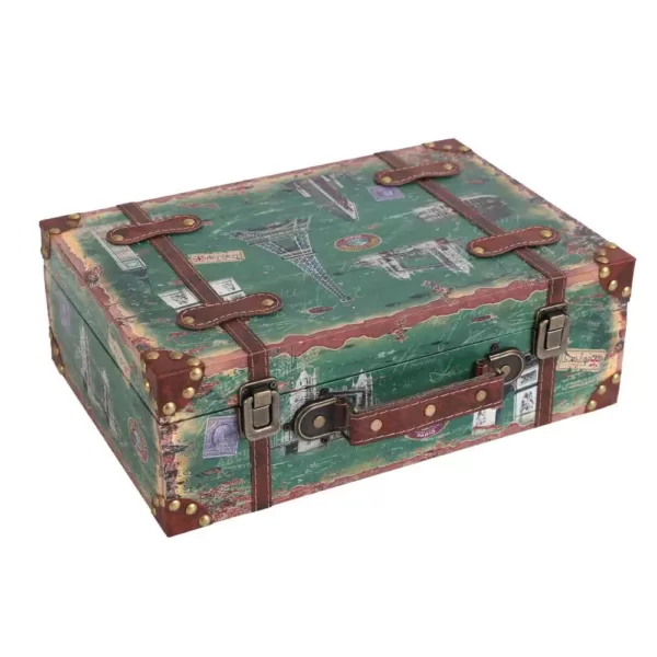 Vintiquewise Set of 2 Vintage-Style World Map Leather Wooden Suitcase Trunks with Straps and Handle