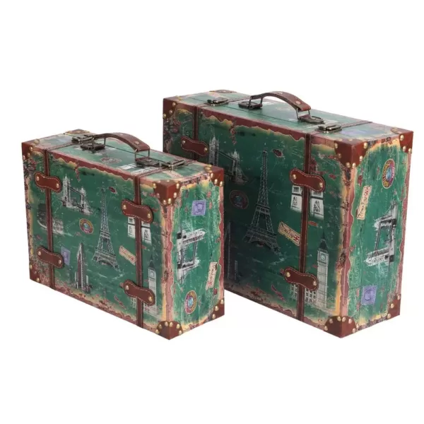 Vintiquewise Set of 2 Vintage-Style World Map Leather Wooden Suitcase Trunks with Straps and Handle