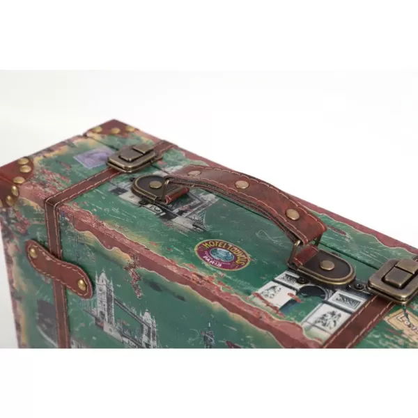 Vintiquewise Set of 2 Vintage-Style World Map Leather Wooden Suitcase Trunks with Straps and Handle