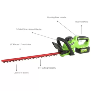 Greenworks 22 in. 24-Volt Battery Cordless Hedge Trimmer, Battery Not Included HT24B04