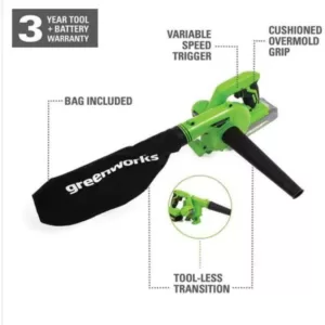 Greenworks 90 MPH 180 CFM 24-Volt Battery Cordless Shop Blower with 2.0 Ah USB Battery and Charger Included SBL24B211