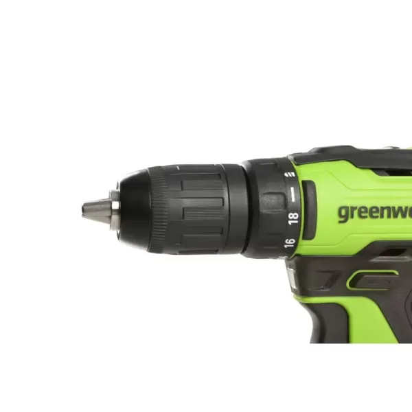 Greenworks 24-Volt Battery Cordless Brushless 1/2 in. Drill/Driver 2-Batteries, Charger, Tool Bag, Belt Clip Included, DD24L1520