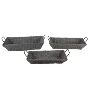 LITTON LANE Nesting Rectangular Gray Seagrass Basket Trays with Black Metal Handles (Set of 3)