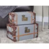 LITTON LANE Globetrotter Wood Fabric Boxes with Brown Leather Accents (Set of 2)